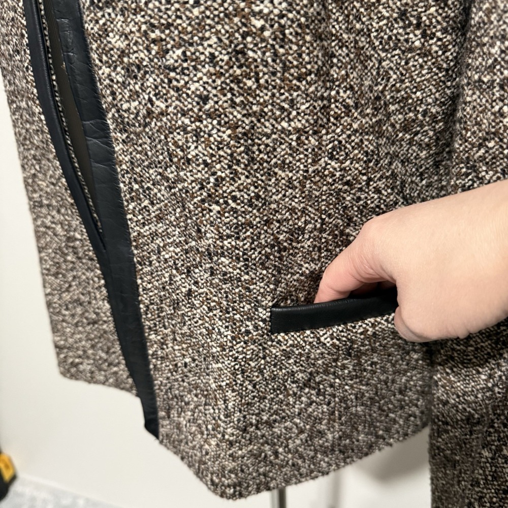 Dana Buchman Wool Blend Open Front Brown Tweed Blazer Black Leather Trim Size 8 - Picture 6 of 11
